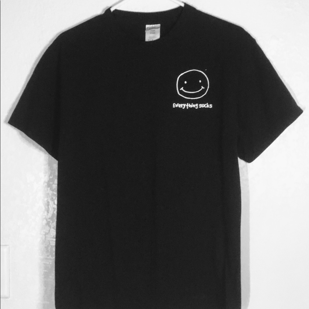 Mens Port & Co Black Graphic T-Shirt W/ Smiley Face Image Says: Everything Sucks
